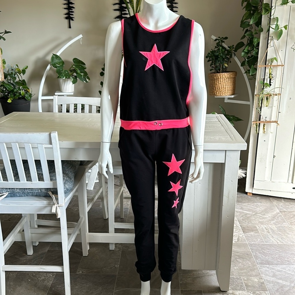 MELEK MODA MADE IN whimsy goth  size Large jumpsuit neon pink and black @ stars